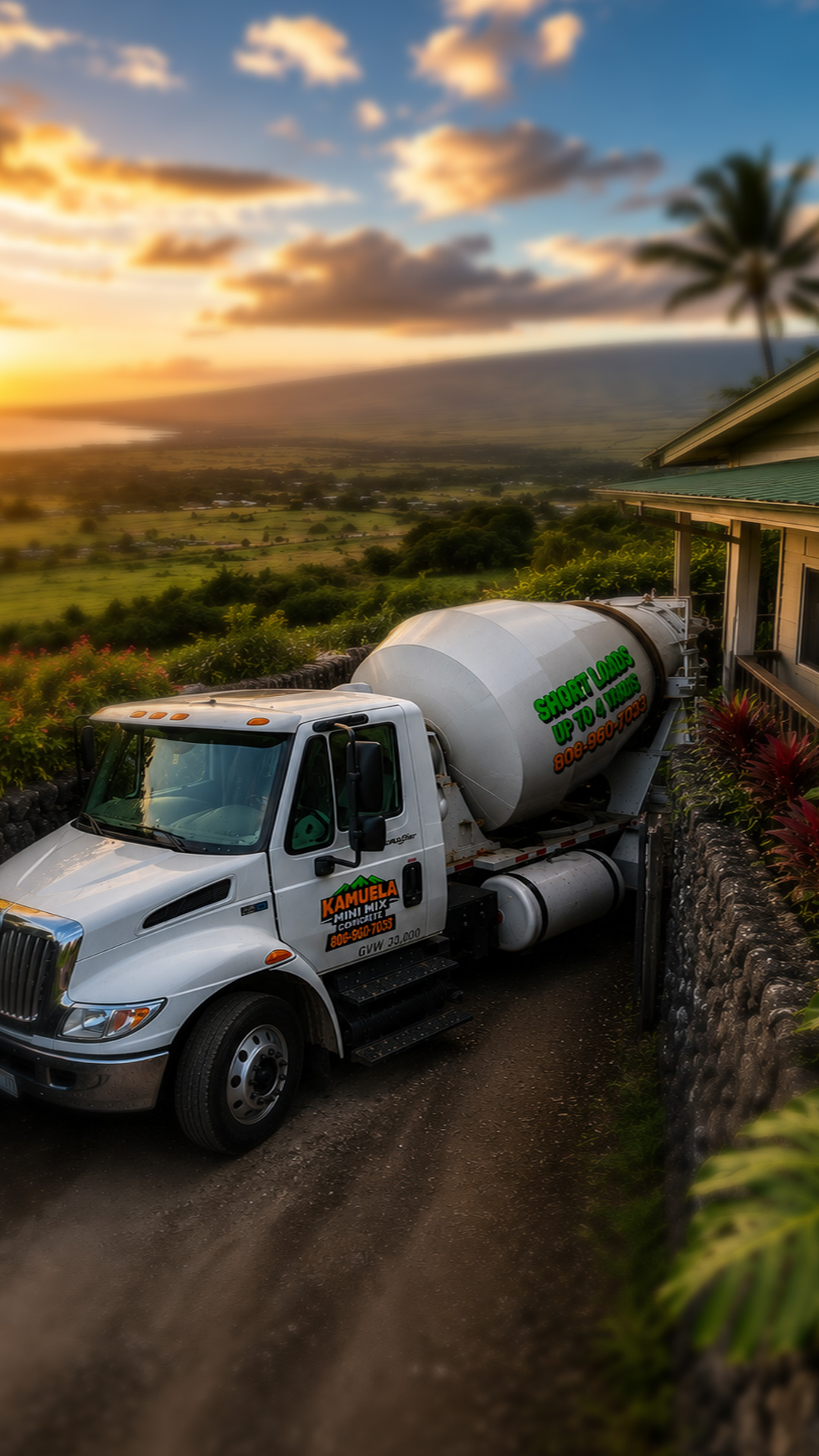 Kamuela Mini Mix concrete truck overlooking the Waimea coastline